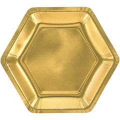 Elegant Gold 9" Hexagon Metallic Dinner Plates | 48 Count