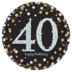 Sparkling Celebration 40th Birthday Paper Plates, Black/Gold/Silver, 9-inch, 8-ct - Case of 48