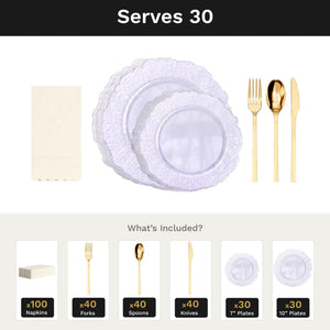 Purple Leaf Ultimate Set | Plates, Gold Cutlery & Napkins | Serves 30