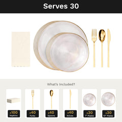 Clear Luster Ultimate Set | Plates, Gold Cutlery & Napkins | Serves 30