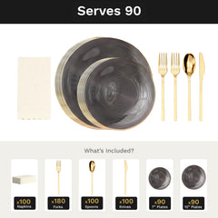 Smoke Luster Ultimate Set | Plates, Gold Cutlery & Napkins | Serves 90