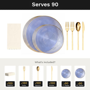 Blue Luster Ultimate Set | Plates, Gold Cutlery & Napkins | Serves 90