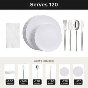 Trend White Ultimate Set | Plates, Silver Cutlery & Napkins | Serves 120