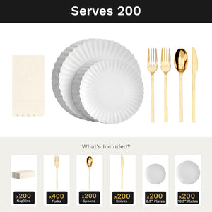 Scalloped Snow Ultimate Set | Plates, Gold Cutlery & Napkins | Serves 200