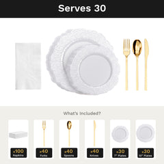 Pearl White Leaf Ultimate Set | Plates, Gold Cutlery & Napkins | Serves 30