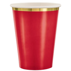 Festive Red 12oz Paper Party Cups with Gold Trim, 8-pk