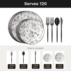 Classic Botanical Deluxe Set | Plates & Black Cutlery | Serves 120