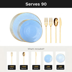 Blue Weave Deluxe Set | Plates & Gold Cutlery | Serves 90
