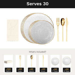 Clear Weave Ultimate Set | Plates, Gold Cutlery & Napkins | Serves 30