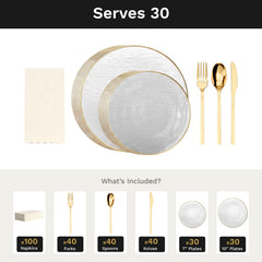 Clear Weave Ultimate Set | Plates, Gold Cutlery & Napkins | Serves 30