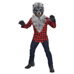 Kids' Werewolf Red Flannel Outfit with Shirt/Mask/Gloves, Assorted Sizes - Pack of 3