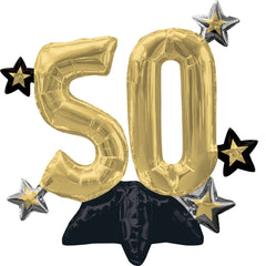Golden 50th Birthday Foil Balloon Sitter with Stars - Pack of 6
