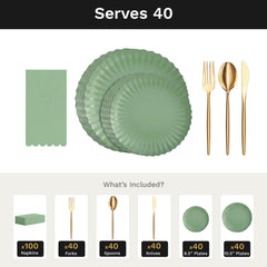 Scalloped Matcha Ultimate Set | Plates, Gold Cutlery & Napkins | Serves 40