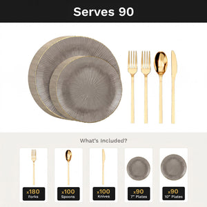 Smoke Burst Deluxe Set | Plates & Gold Cutlery | Serves 90