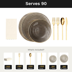 Smoke Weave Ultimate Set | Plates, Gold Cutlery & Napkins | Serves 90