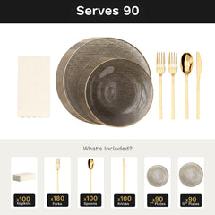 Smoke Weave Ultimate Set | Plates, Gold Cutlery & Napkins | Serves 90