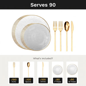 Clear Weave Deluxe Set | Plates & Gold Cutlery | Serves 90