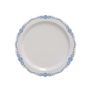 9 In. White/Navy Victorian Design Plates | 40 Count
