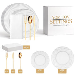 Crystal Gemstone Ultimate Set | Plates, Gold Cutlery & Napkins | Serves 40