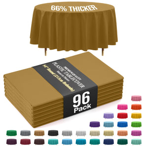 Premium Round Gold Plastic Table Covers | 96 Count