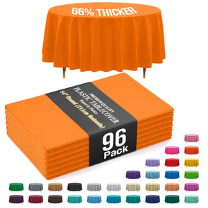 Premium Round Orange Plastic Table Covers | 96 Count