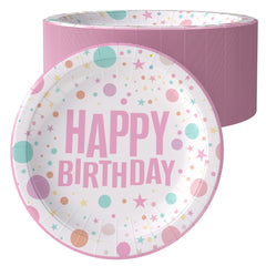 7 In. Pink Birthday Print Paper Plates | 100 Count