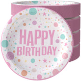 9 In. Pink Birthday Print Paper Plates | 100 Count