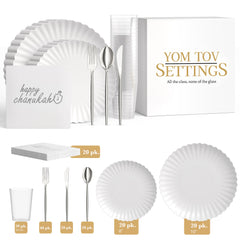 Service for 20 | Snow White Paper Scalloped Hanukkah Combo Set - Silver