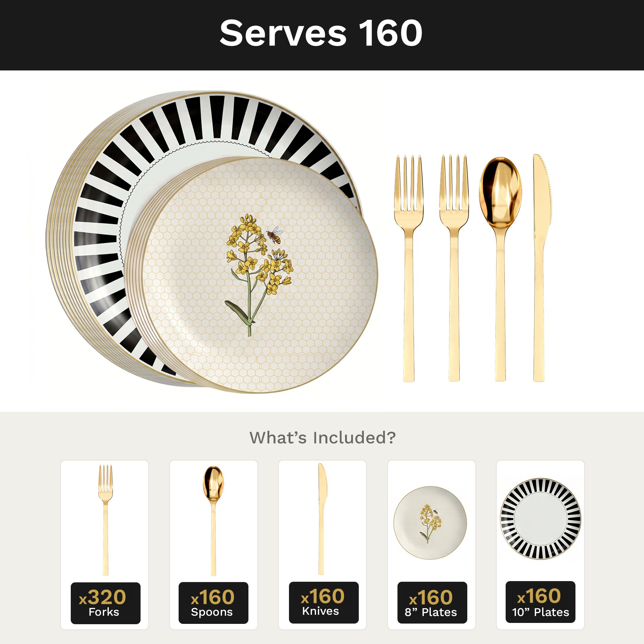 Earthtrends Nectar Deluxe Set | Plates & Gold Cutlery | Serves 160