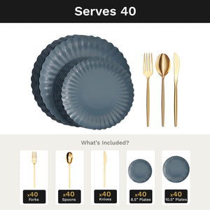 Scalloped Slate Blue Deluxe Set | Plates & Gold Cutlery | Serves 40