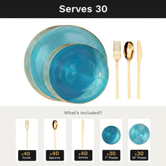 Turquoise Luster Deluxe Set | Plates & Gold Cutlery | Serves 30