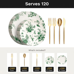 Verdure Deluxe Set | Plates & Gold Cutlery | Serves 120