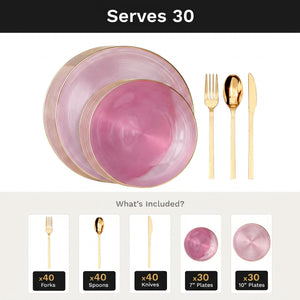 Pink Luster Deluxe Set | Plates & Gold Cutlery | Serves 30