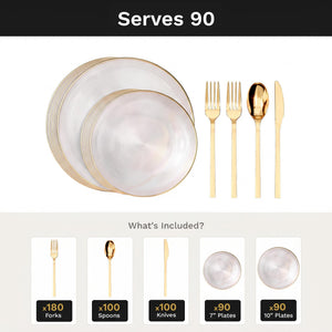 Clear Luster Deluxe Set | Plates & Gold Cutlery | Serves 90