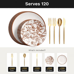 Pomegranate Deluxe Set | Plates & Gold Cutlery | Serves 120