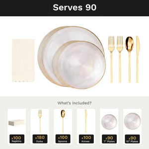 Clear Luster Ultimate Set | Plates, Gold Cutlery & Napkins | Serves 90