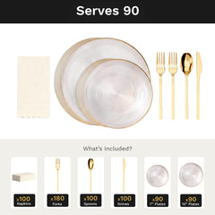 Clear Luster Ultimate Set | Plates, Gold Cutlery & Napkins | Serves 90