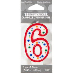 Number 6 Outline Wax Candle, Multi-Colored Polka Dots - Pack of 12