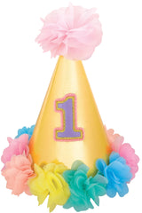 1st Birthday Metallic Floral Cone Hat, Gold/Pink, One Size - Pack of 6