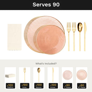 Pink Weave Ultimate Set | Plates, Gold Cutlery & Napkins | Serves 90