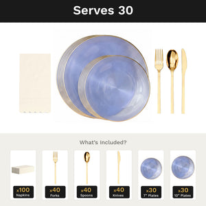 Blue Luster Ultimate Set | Plates, Gold Cutlery & Napkins | Serves 30