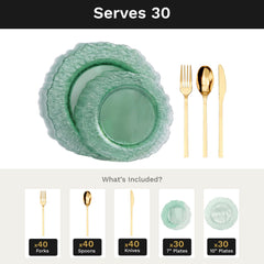 Green Leaf Deluxe Set | Plates & Gold Cutlery | Serves 30