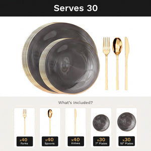 Smoke Luster Deluxe Set | Plates & Gold Cutlery | Serves 30