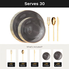 Smoke Luster Deluxe Set | Plates & Gold Cutlery | Serves 30