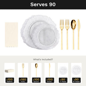 Clear Leaf Ultimate Set | Plates, Gold Cutlery & Napkins | Serves 90