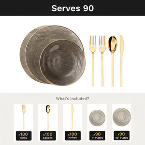 Smoke Weave Deluxe Set | Plates & Gold Cutlery | Serves 90