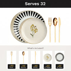 Earthtrends Nectar Deluxe Set | Plates & Gold Cutlery | Serves 32