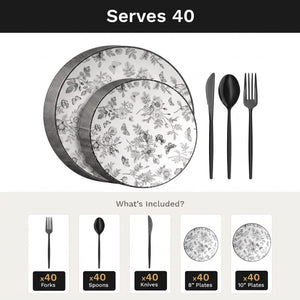 Classic Botanical Deluxe Set | Plates & Black Cutlery | Serves 40