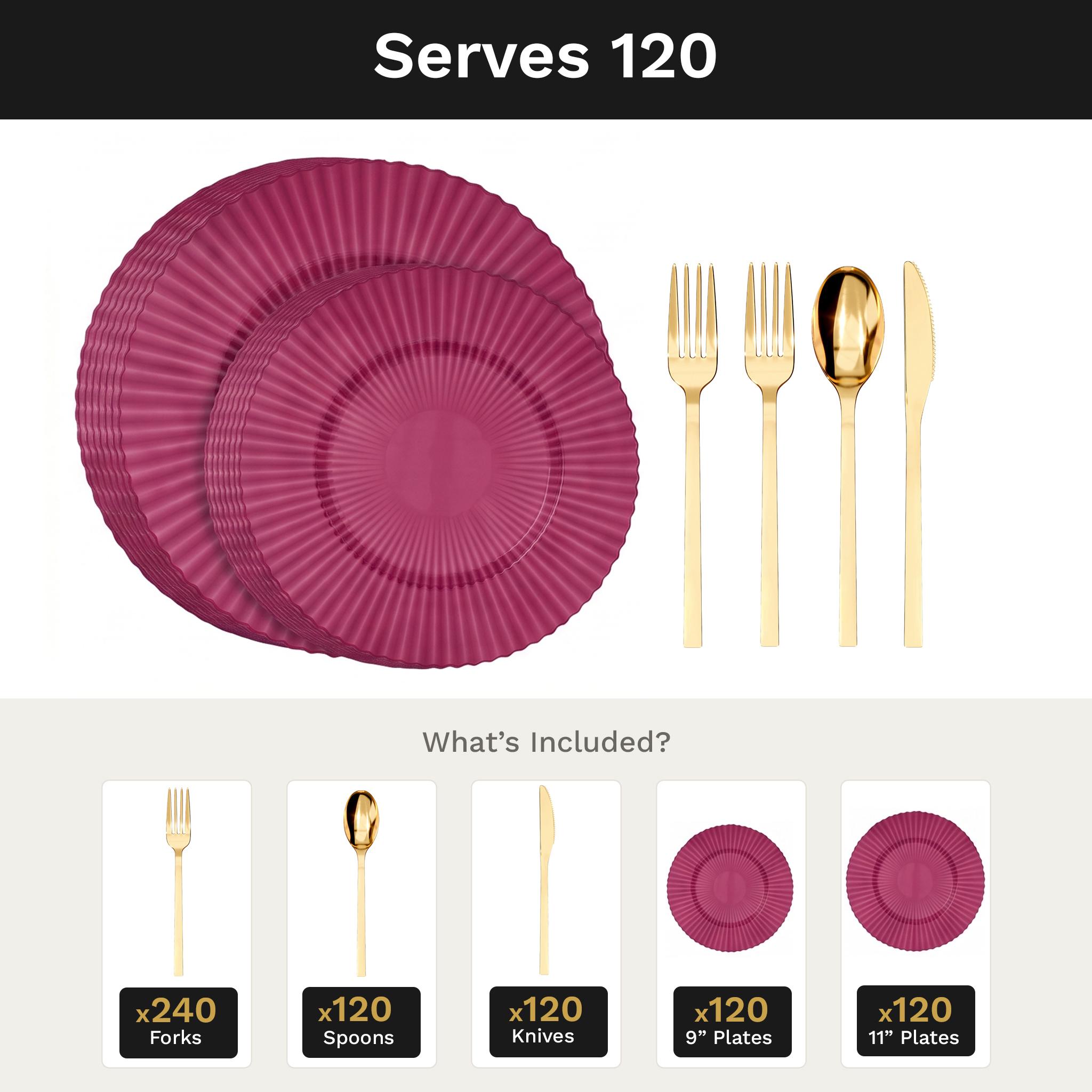 Mahogany Gemstone Deluxe Set | Plates & Gold Cutlery | Serves 120