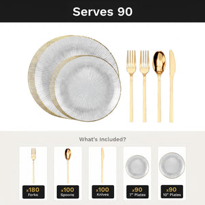 Clear Burst Deluxe Set | Plates & Gold Cutlery | Serves 90